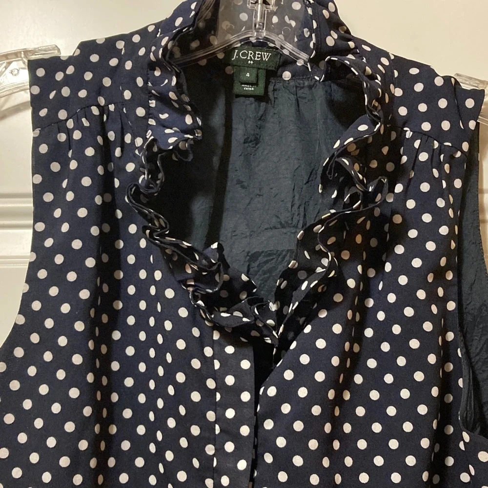 J. Crew‎ Navy and White Polka Dot Ruffle Blouse 4